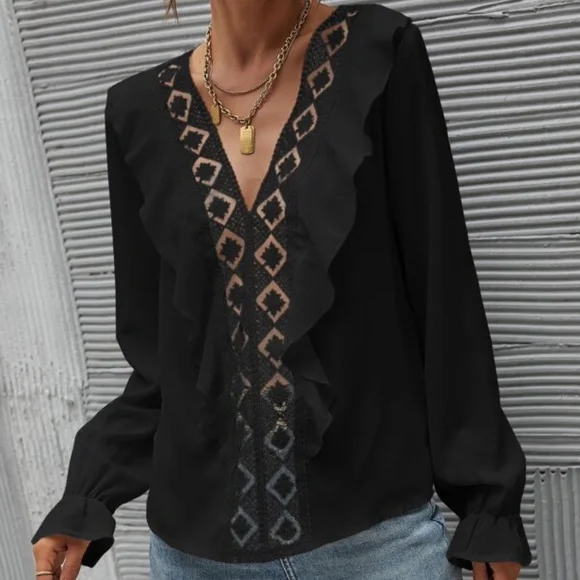 06 Bohemian Black Floral Lace Ruffle Blouse Minimalist - Picture 2 of 4